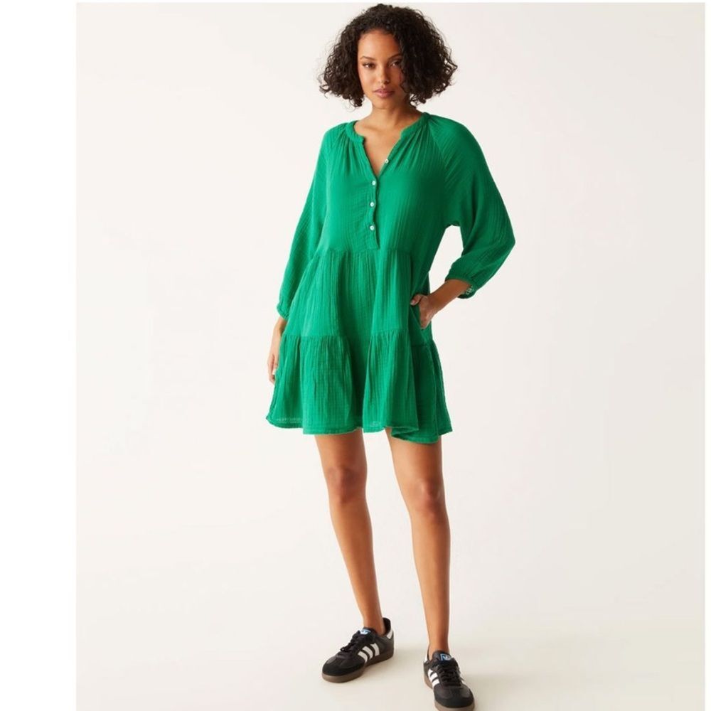 New Michael Stars - sonia tiered gauze long sleeve mini dress - kelly green - Picture 3 of 7
